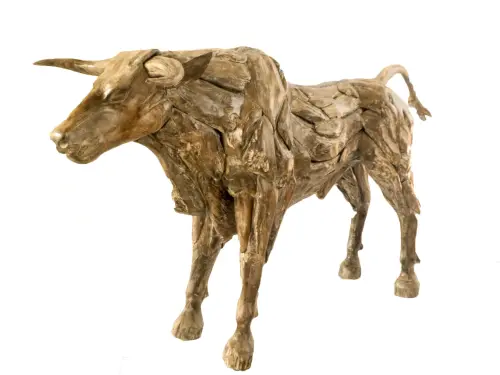 Product image of the product “Standing Bull - Head up. Artistic made made from single teak wood pieces. The head is carved wood. About 240cm length and 125cm height ”